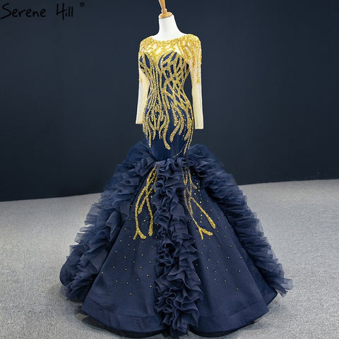 Navy Blue Mermaid High-end Sexy Evening Dresses 2025 Long Sleeve Beading Lace Up Sexy Formal Dress HM67132