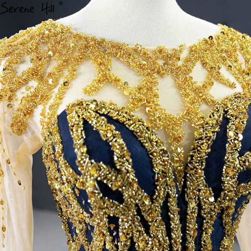 Navy Blue Mermaid High-end Sexy Evening Dresses 2025 Long Sleeve Beading Lace Up Sexy Formal Dress HM67132