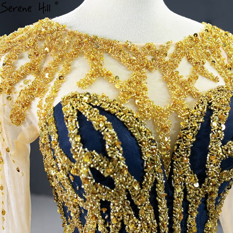 Navy Blue Mermaid High-end Sexy Evening Dresses 2025 Long Sleeve Beading Lace Up Sexy Formal Dress HM67132