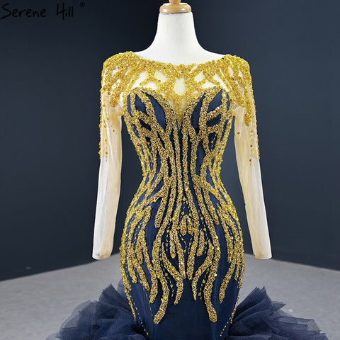 Navy Blue Mermaid High-end Sexy Evening Dresses 2025 Long Sleeve Beading Lace Up Sexy Formal Dress HM67132