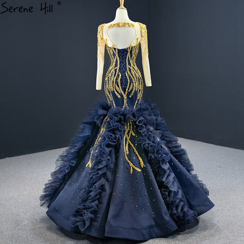 Navy Blue Mermaid High-end Sexy Evening Dresses 2025 Long Sleeve Beading Lace Up Sexy Formal Dress HM67132