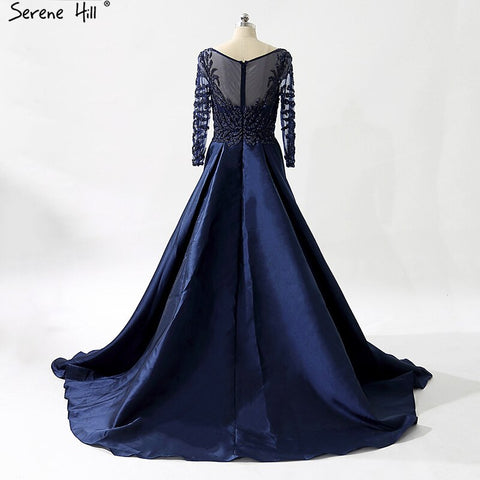 En oferta. No se aceptan devoluciones ni reembolsos. Vestido de fiesta azul marino con escote en V, de satén con cristales y manga larga. Vestido de noche formal de moda. Foto real LA6158 