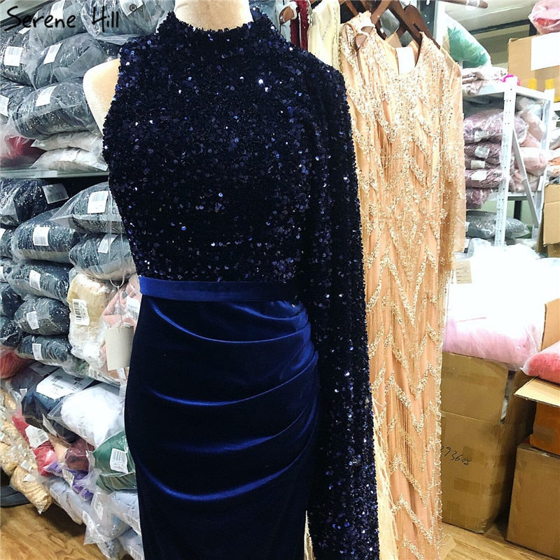 On Sale no return no refundSale Navy Blue Satin Mermaid Sexy Evening Dresses 2025 Sequins One Shoulder Bat Sleeves Formal Dress LA70347