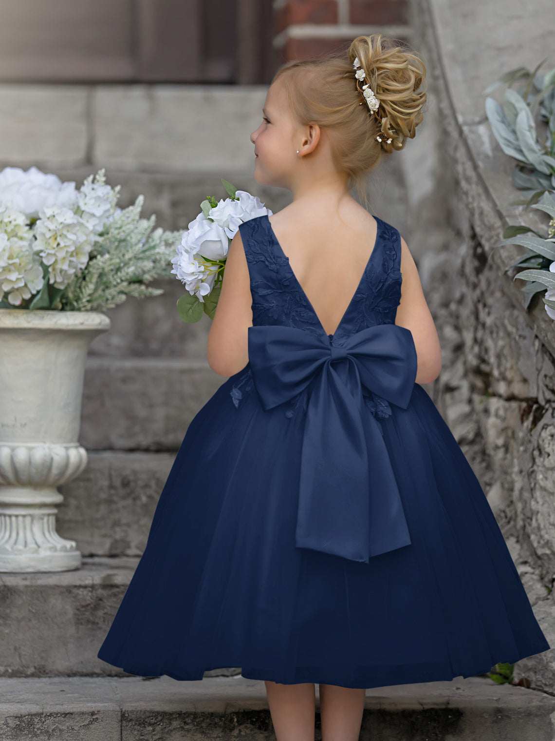 Vestido de niña de las flores sin mangas de tul y encaje hasta la rodilla 