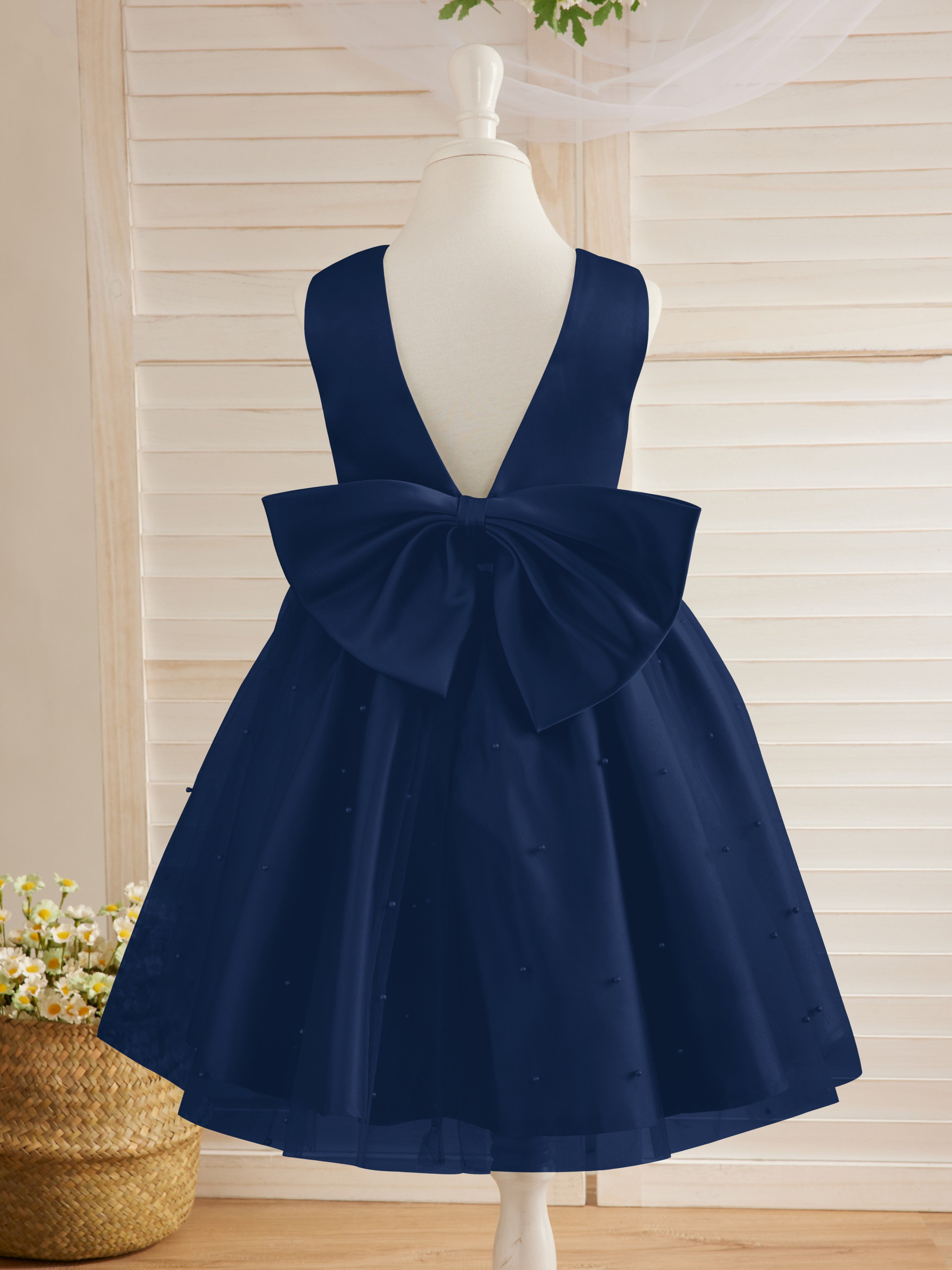 Vestido de princesa/vestido de princesa de satén y tul hasta la rodilla para niña de las flores 