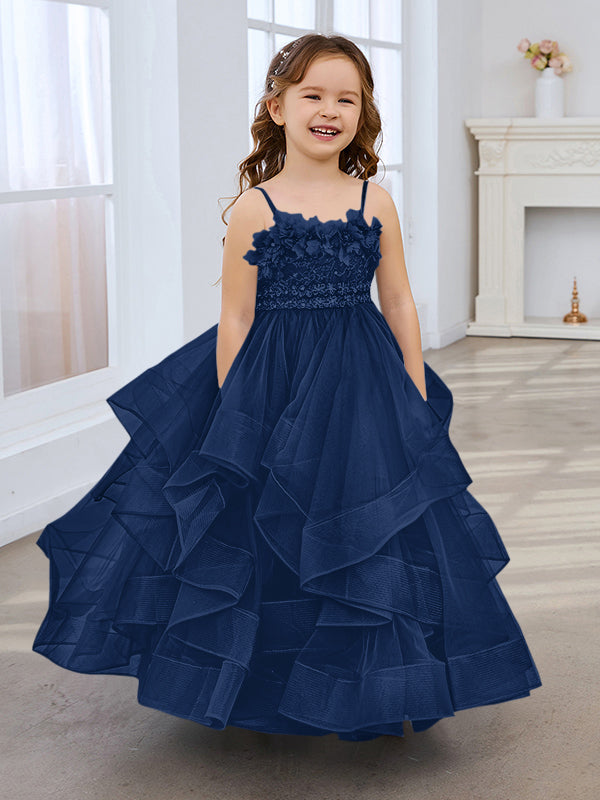 Vestido de niña de las flores de tul sin mangas, corte princesa, azul pizarra, corte en A, estilo princesa 