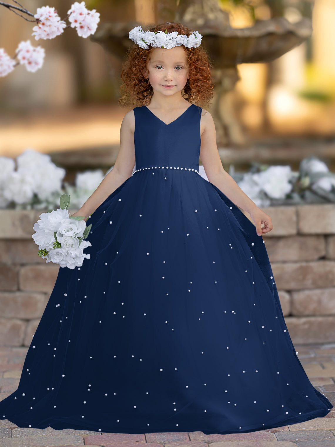Elegante vestido de princesa de satén y tul para niña de las flores 
