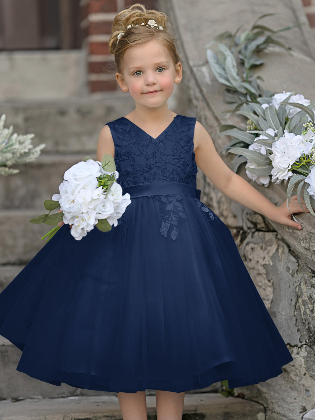 Vestido de niña de las flores sin mangas de tul y encaje hasta la rodilla 