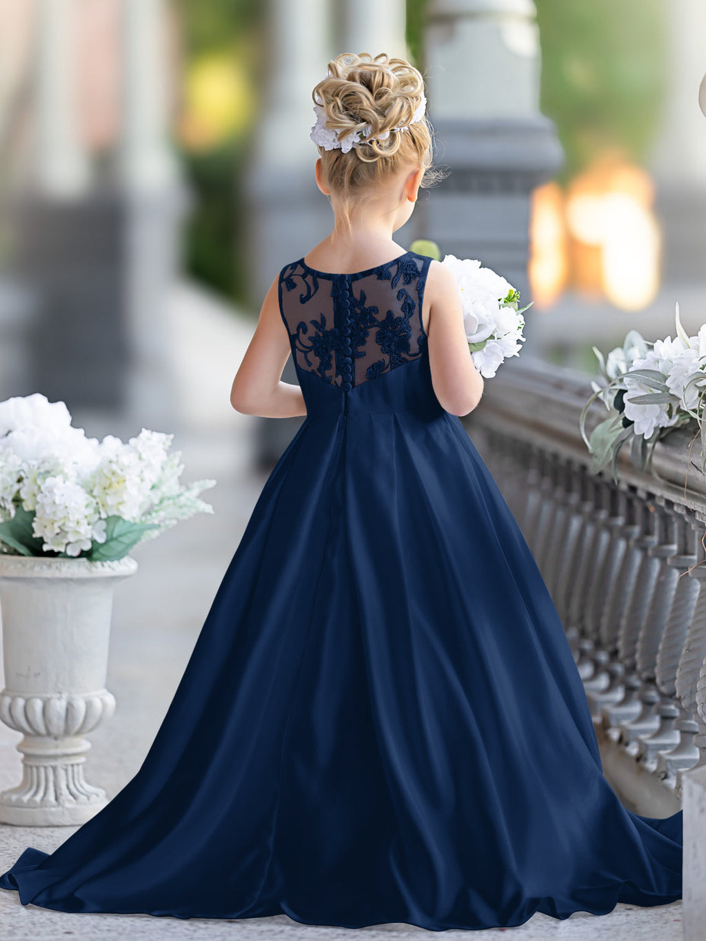 Vestido de niña de las flores para la Primera Comunión, corte en A, encaje y satén, hasta el suelo 