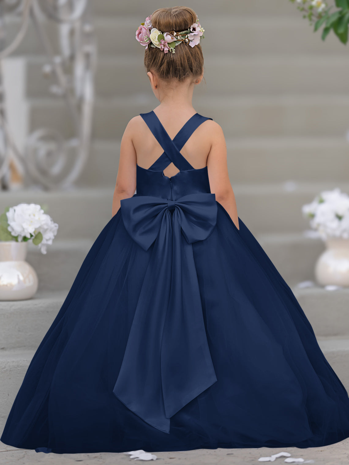 Robe de demoiselle d'honneur intemporelle en satin et tulle, coupe trapèze, sans manches 