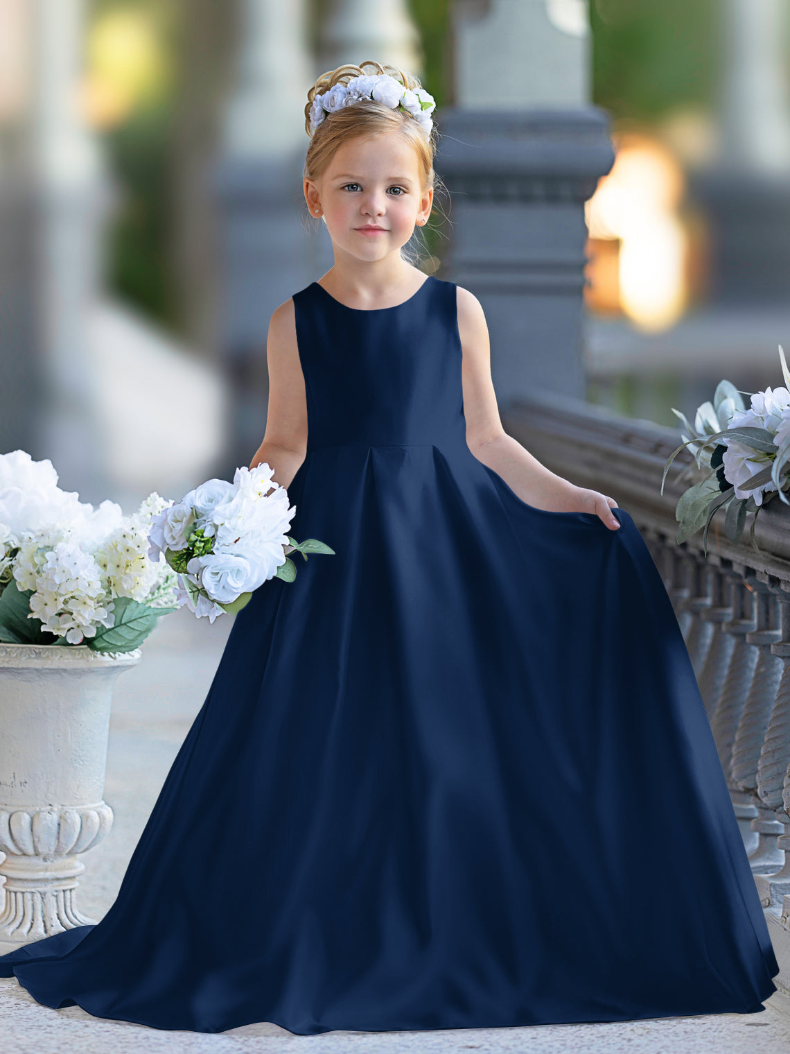 Vestido de niña de las flores para la Primera Comunión, corte en A, encaje y satén, hasta el suelo 
