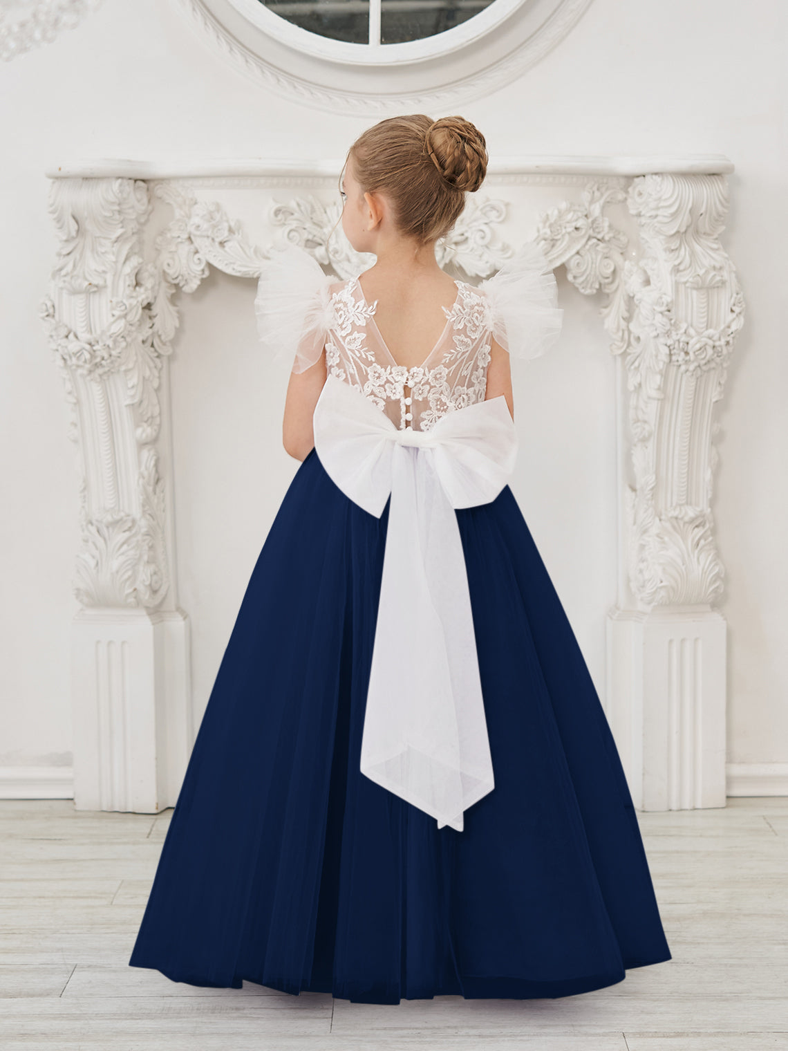 Vestido de niña de las flores con cola de tul y encaje desmontable 