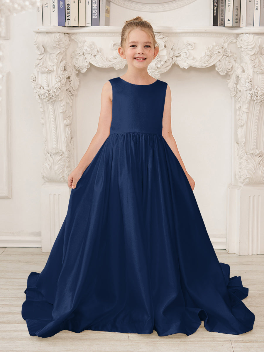 Vestido de niña de las flores de satén sin mangas, corte princesa, con cola y lazo. 