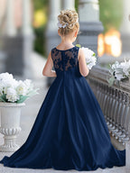 Vestido de niña de las flores para la Primera Comunión, corte en A, encaje y satén, hasta el suelo 