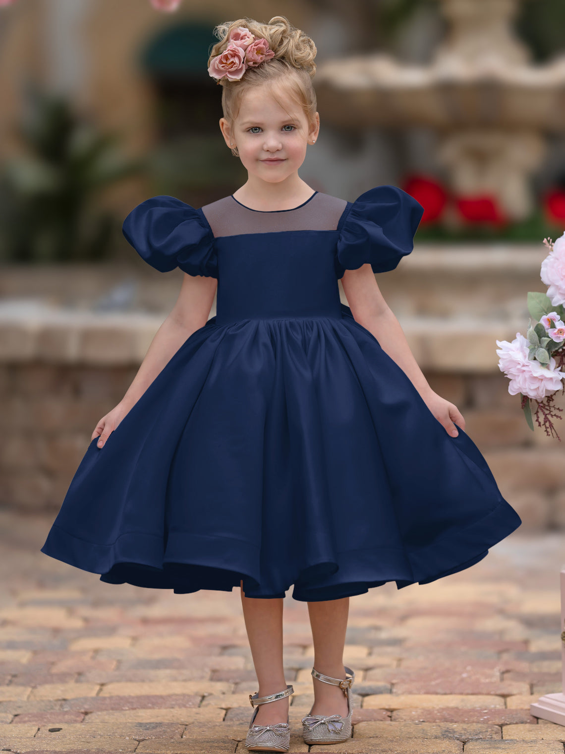 Vestido de princesa/vestido de princesa de satén hasta la rodilla para niña de las flores 