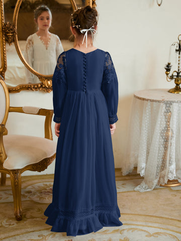 Vestido de Primera Comunión color marfil, corte en A, de gasa hasta el suelo 