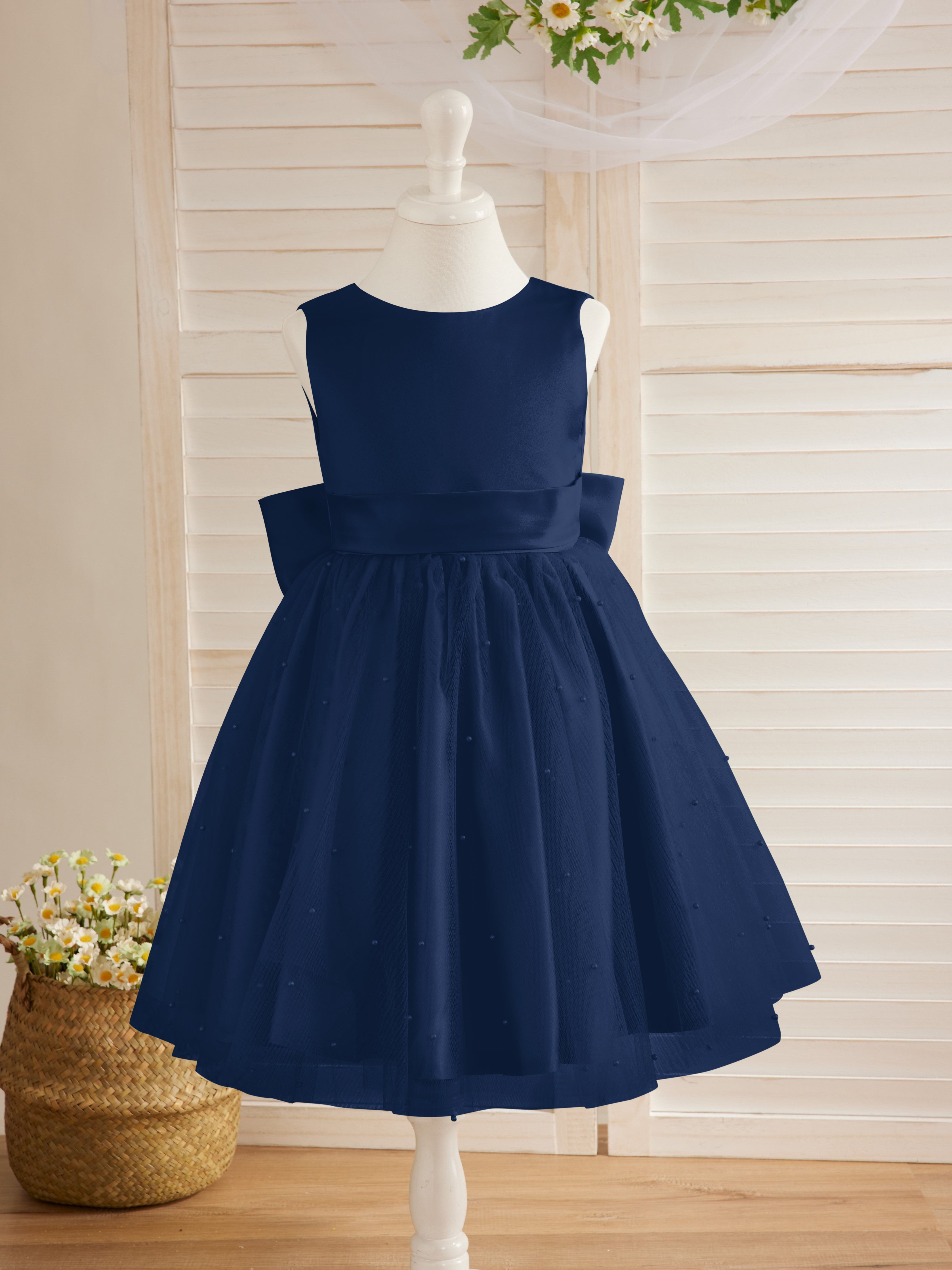 Vestido de princesa/vestido de princesa de satén y tul hasta la rodilla para niña de las flores 
