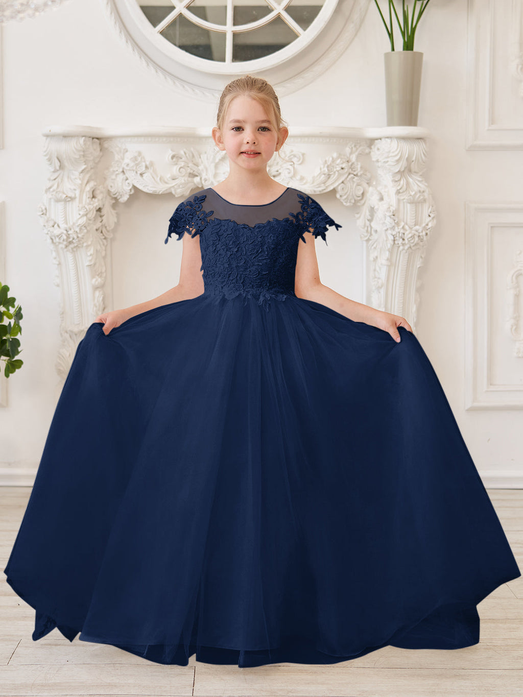 Vestido de niña de las flores para la Primera Comunión, color marfil, con cola desmontable estilo princesa. 