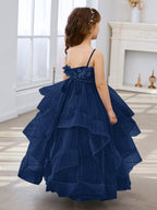 Vestido de niña de las flores de tul sin mangas, corte princesa, azul pizarra, corte en A, estilo princesa 