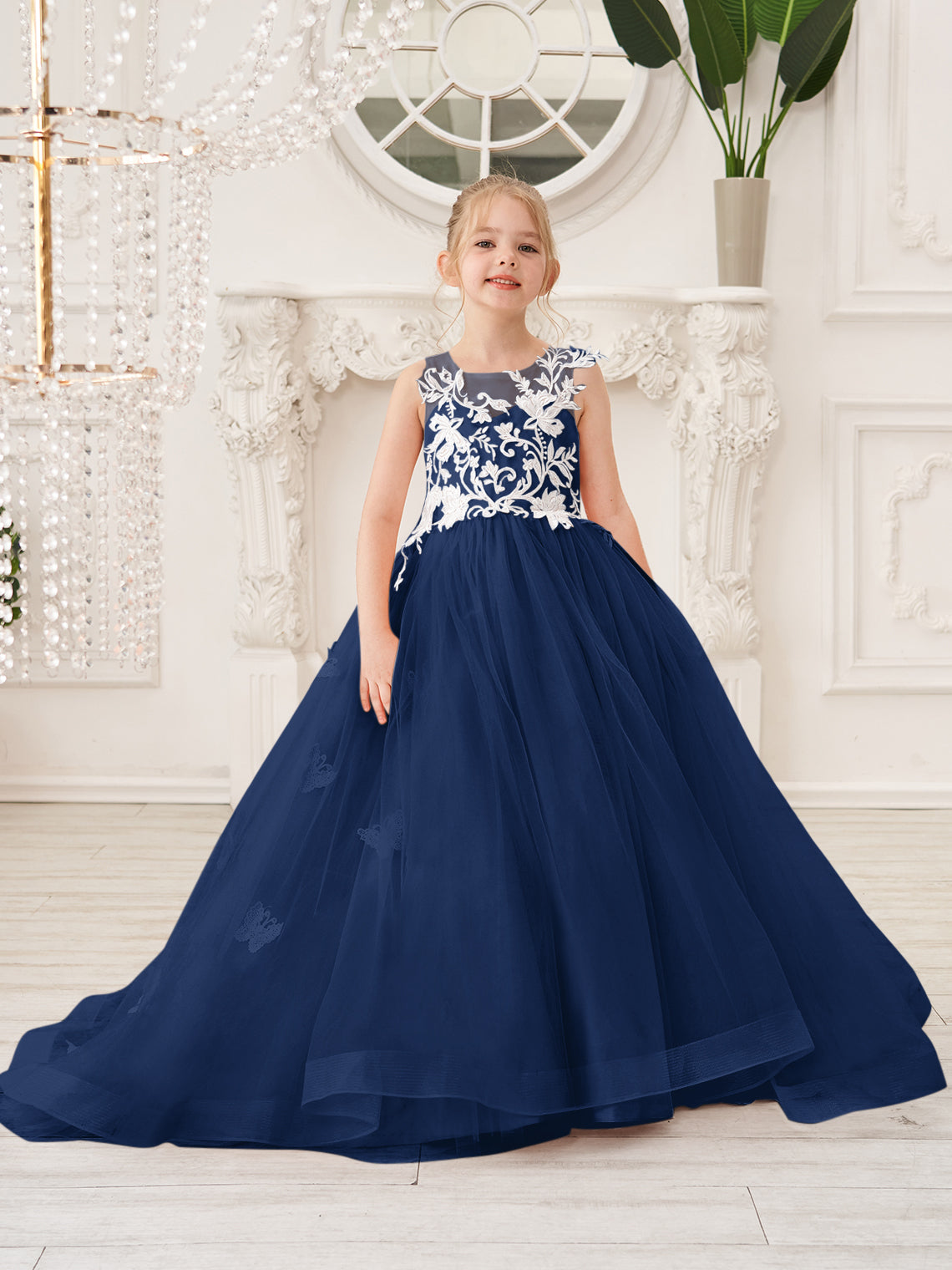 Elegante vestido de princesa sin mangas de tul para niña de las flores, corte en A 