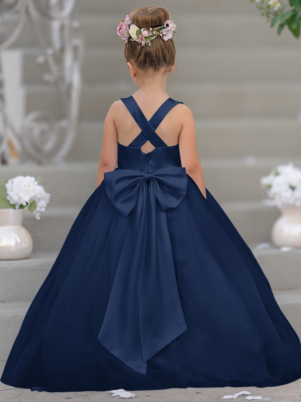 Vestido de niña de las flores clásico de corte en A sin mangas en satén y tul 