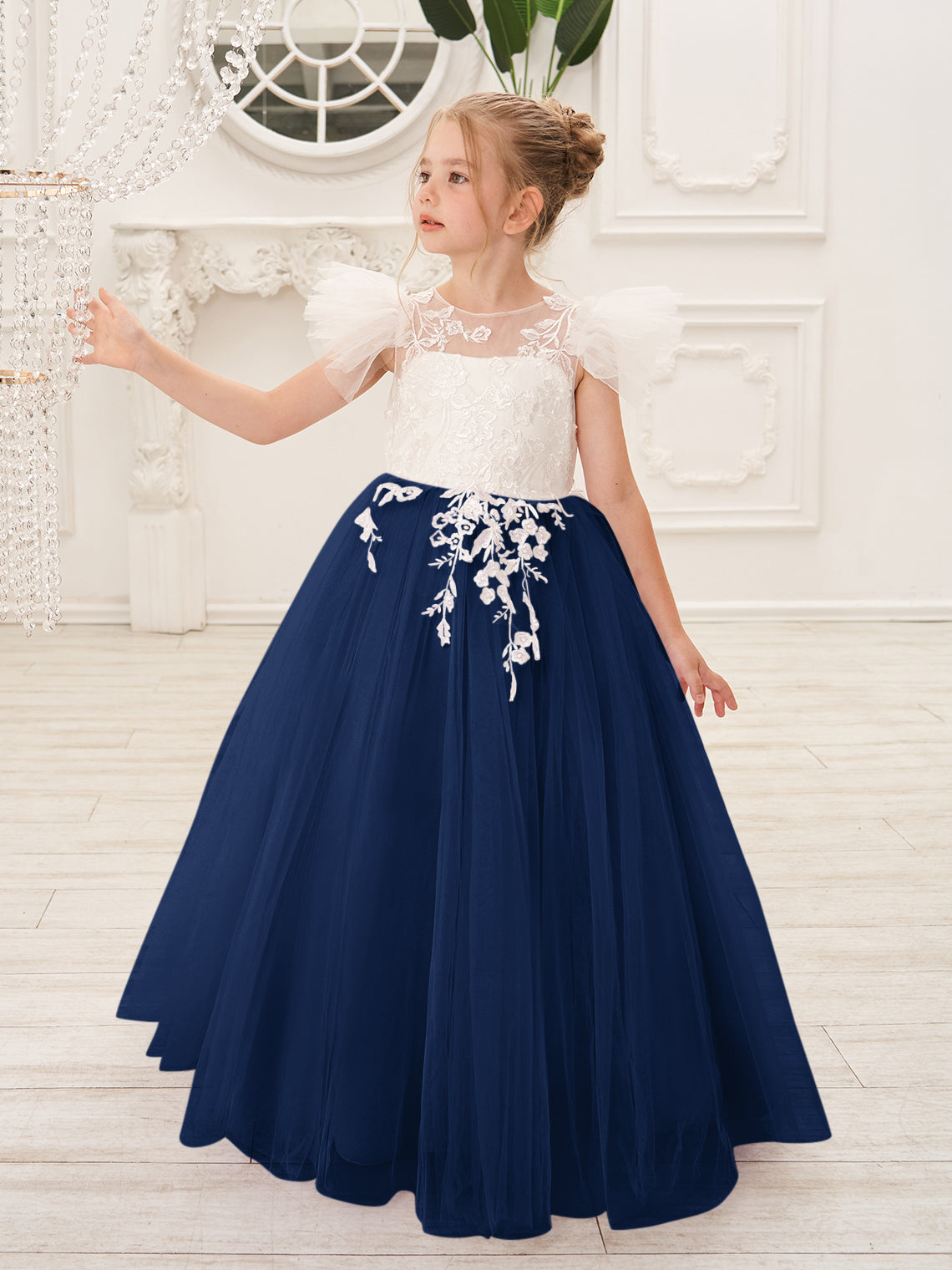 Vestido de niña de las flores con cola de tul y encaje desmontable 