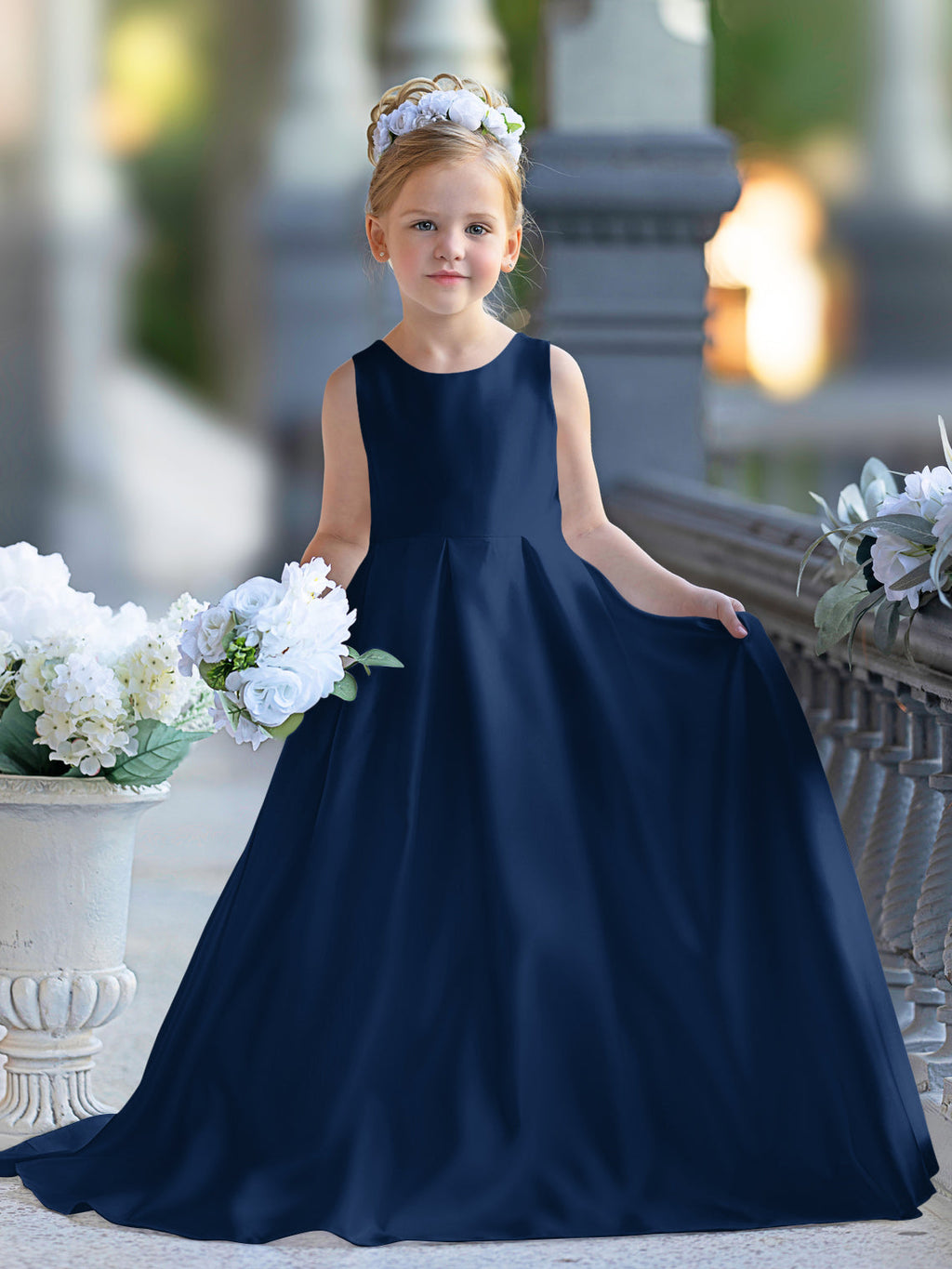 Vestido de niña de las flores para la Primera Comunión, corte en A, encaje y satén, hasta el suelo 