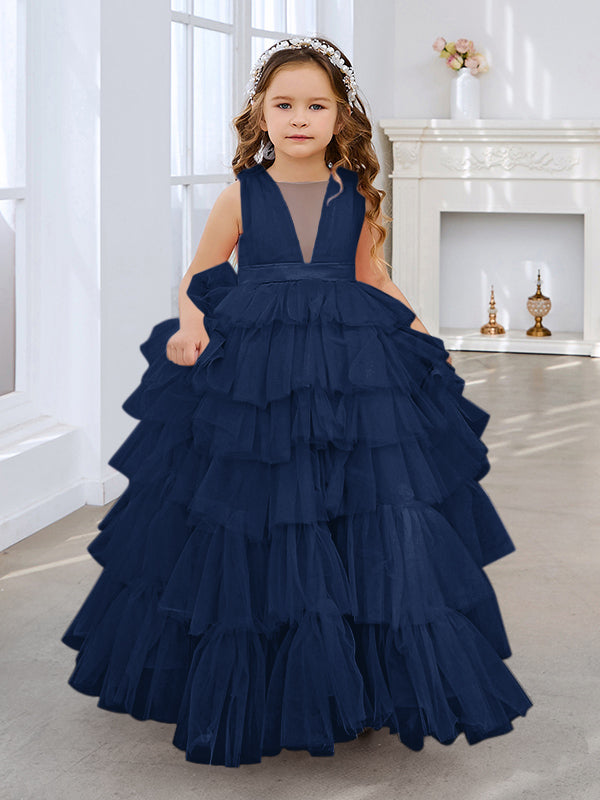 Vestido de princesa rosa perla sin mangas para niña de las flores con lazo de tul 