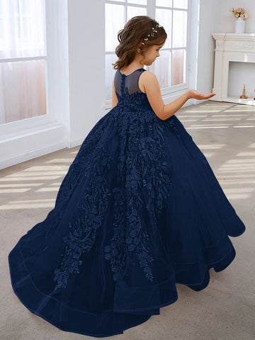 Vestido de princesa rosa para niñas con apliques de encaje 