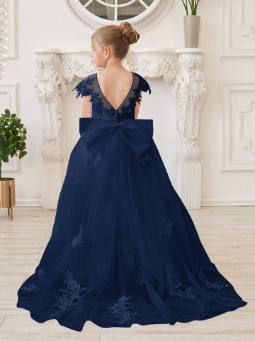 Vestido de niña de las flores para la Primera Comunión, color marfil, con cola desmontable estilo princesa. 