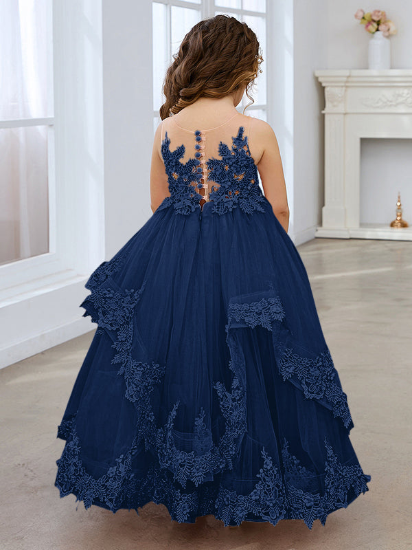 Vestido de princesa sin mangas de tul con apliques de encaje y cola corta para niñas 