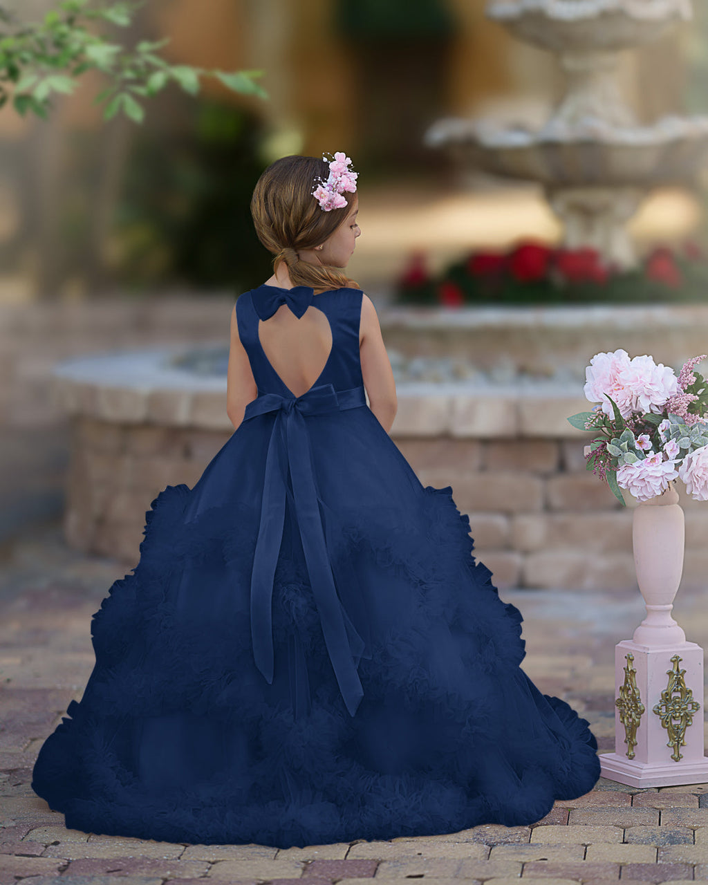 Vestido de niña de las flores de corte A, de satén y tul, hasta el suelo, con volantes en cascada. 