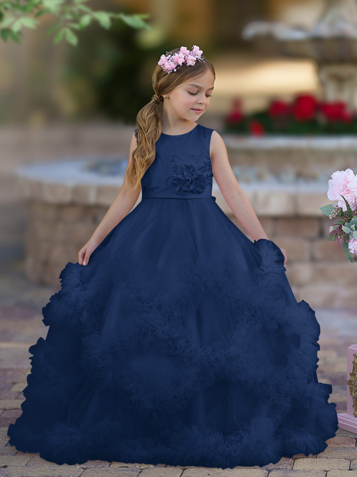 Vestido de niña de las flores de corte A, de satén y tul, hasta el suelo, con volantes en cascada. 