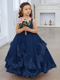 Vestido de princesa sin mangas de tul con apliques de encaje y cola corta para niñas 