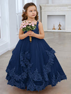 Vestido de princesa sin mangas de tul con apliques de encaje y cola corta para niñas 