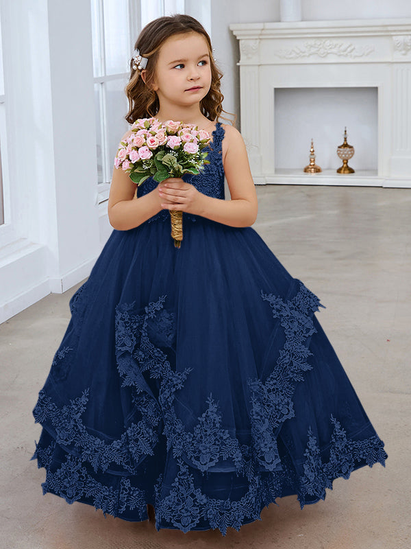 Vestido de princesa sin mangas de tul con apliques de encaje y cola corta para niñas 