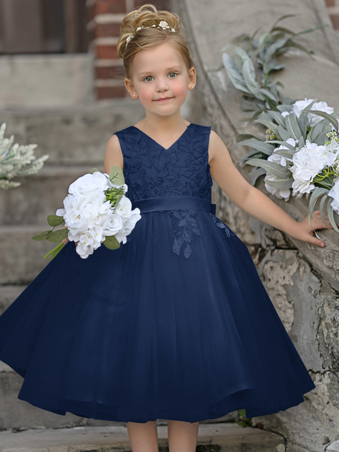 Vestido de niña de las flores sin mangas de tul y encaje hasta la rodilla 