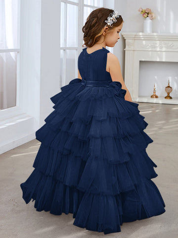 Robe de bal/robe de princesse rose perle sans manches en tulle avec nœud pour demoiselle d'honneur 