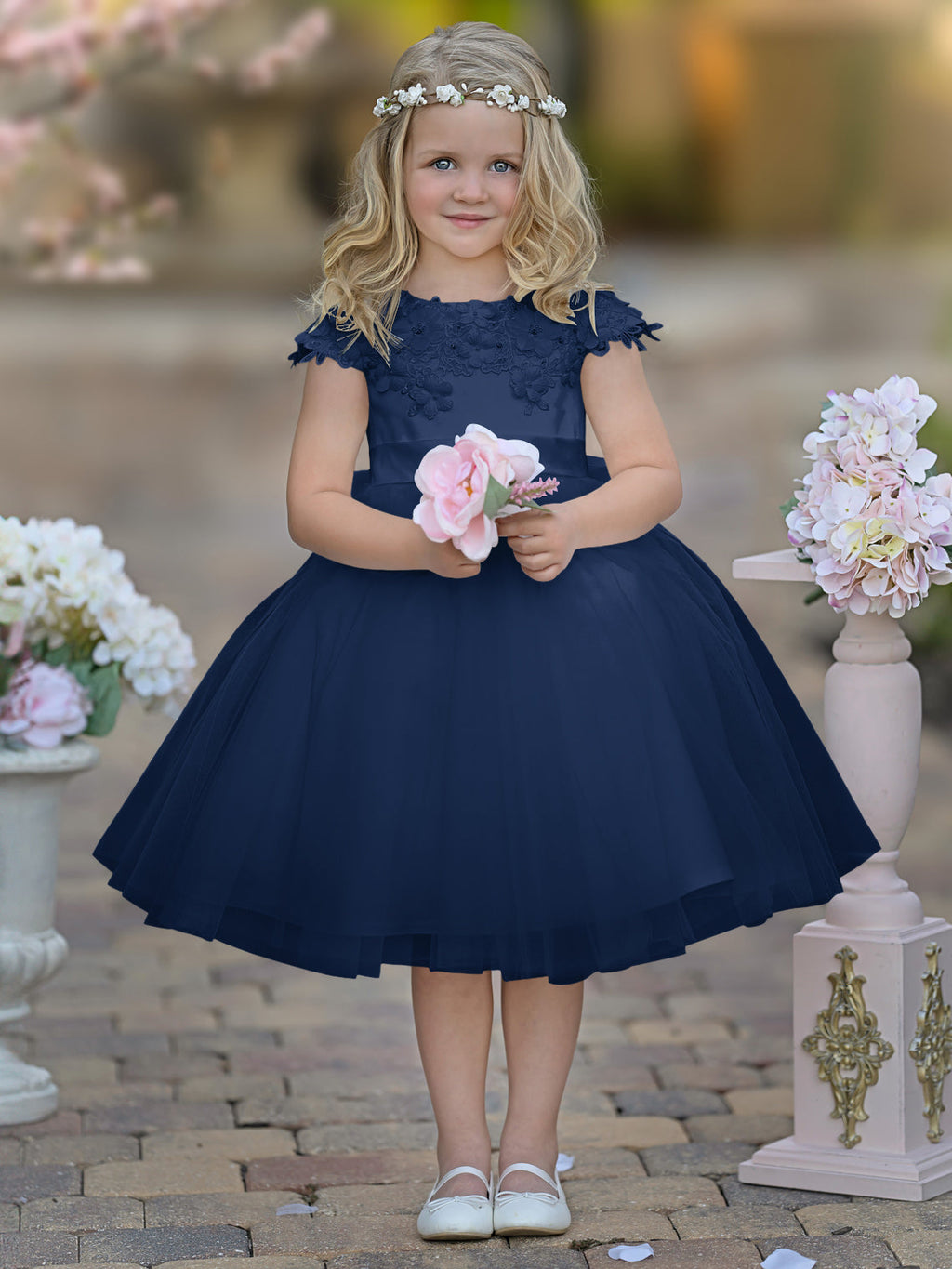Vestido de niña de las flores de la Primera Comunión, color marfil, de tul satinado hasta la rodilla 