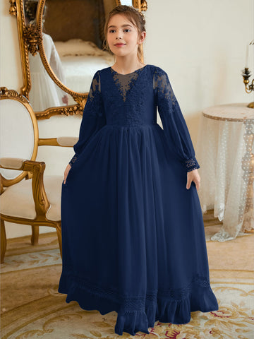 Vestido de Primera Comunión color marfil, corte en A, de gasa hasta el suelo 