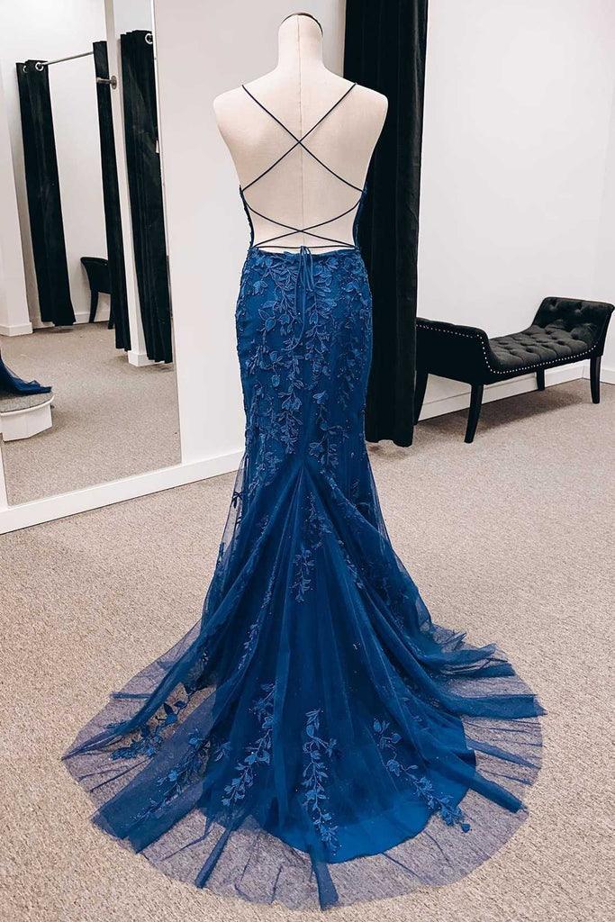 Vestido largo de sirena con apliques, espalda con cordones y abertura, estilo sirena.