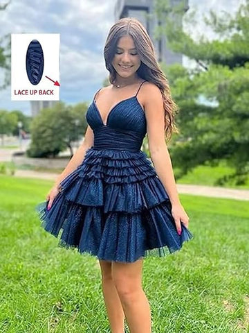 Vestido de fiesta de tul brillante con tirantes y falda de volantes escalonados SYH91 