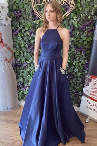 Blue Satin Lace Up Back A-Line Prom Dress With Pockets