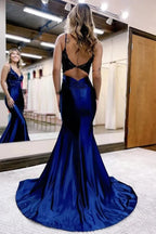 Vestidos de fiesta de sirena de satén con escote en V profundo y apliques de encaje