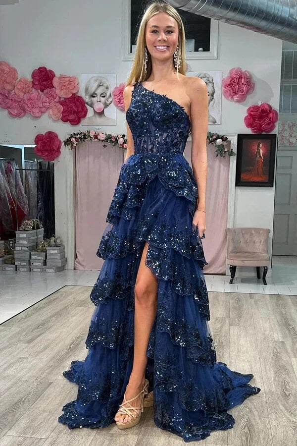 Vestidos de fiesta de lentejuelas con un solo hombro y abertura, vestido de noche