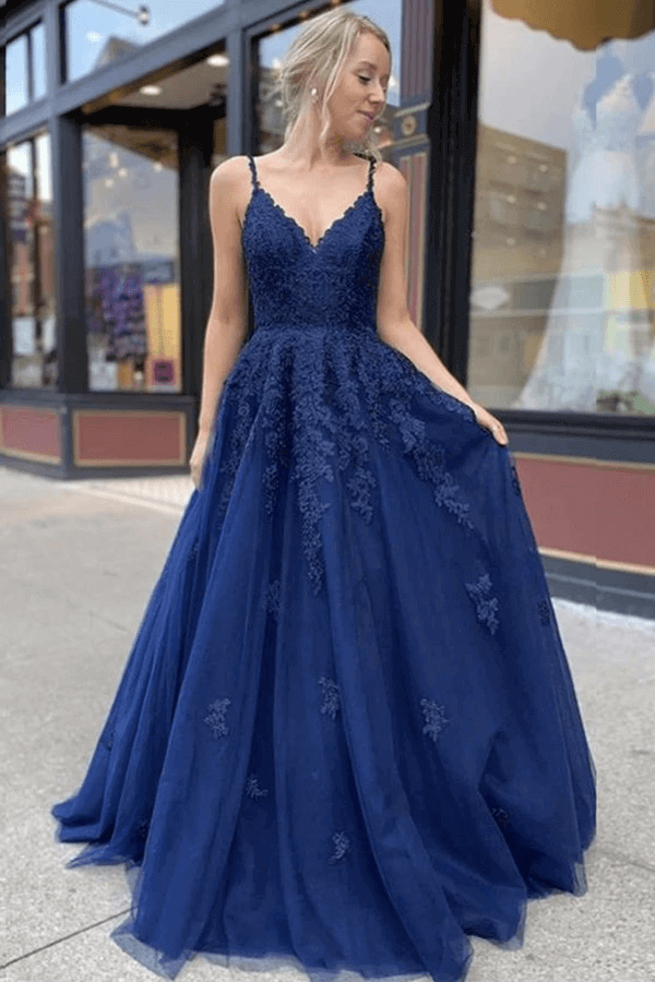 Vestidos de fiesta largos de tul y encaje, corte en A y escote en V, vestidos formales