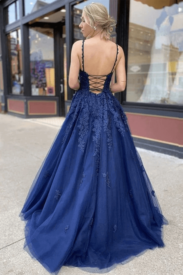 Vestidos de fiesta largos de tul y encaje, corte en A y escote en V, vestidos formales