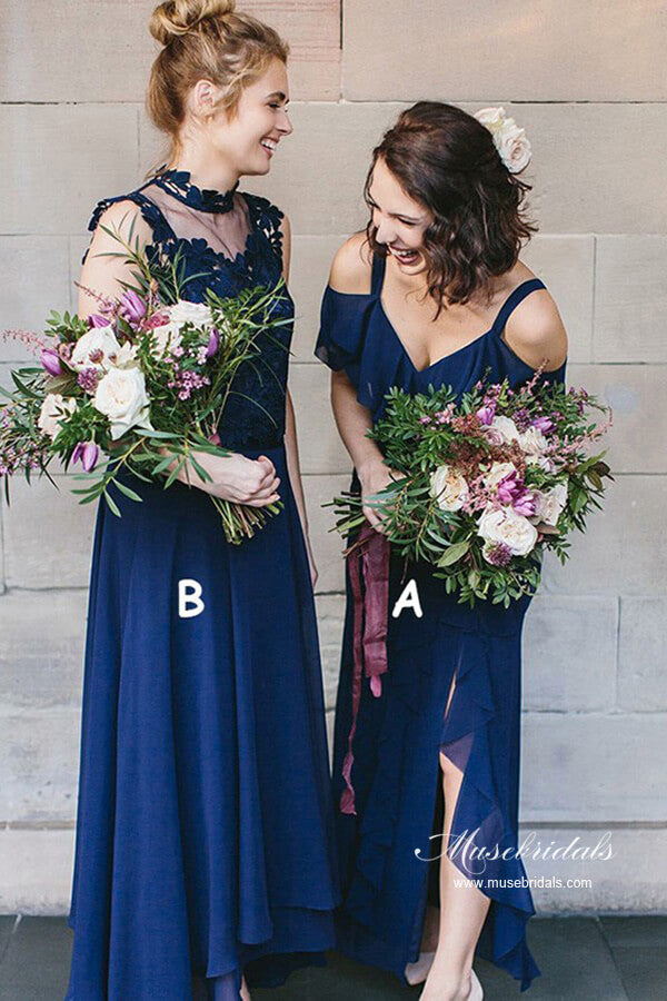 Vestidos de dama de honor de gasa azul marino, corte en A, escote en V, para bodas y fiestas.