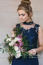 Vestidos de dama de honor de gasa azul marino, corte en A, escote en V, para bodas y fiestas.