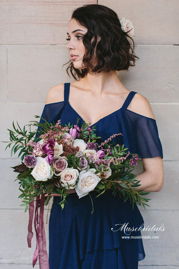 Vestidos de dama de honor de gasa azul marino, corte en A, escote en V, para bodas y fiestas.